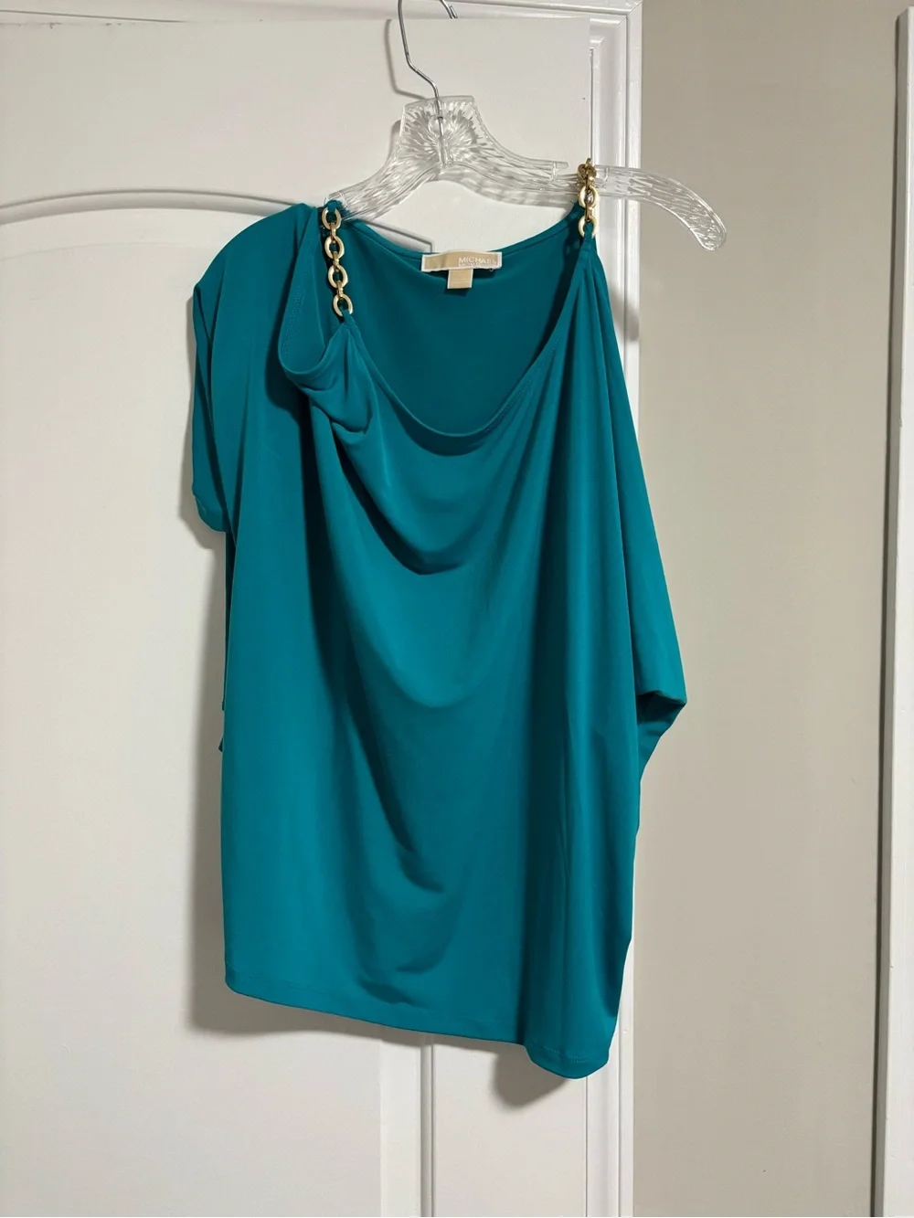 MICHAEL KORS, Teal Chain-Strap Draped Women's Top, Size Large